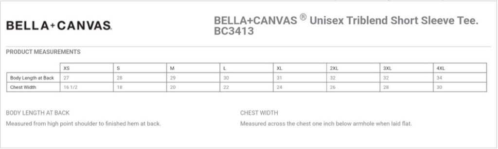 Bella Canvas Sizing Chart